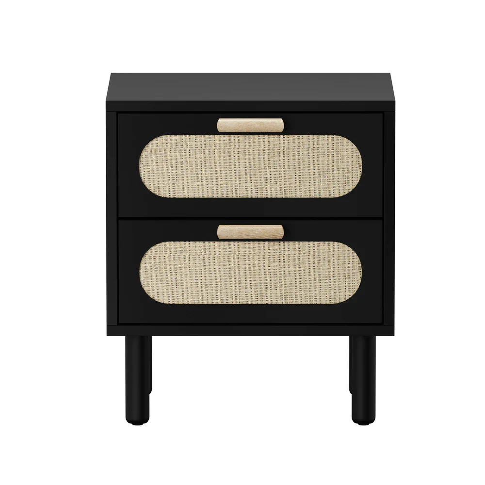 Bedside Table 2 Drawers Rattan Black - Image 2
