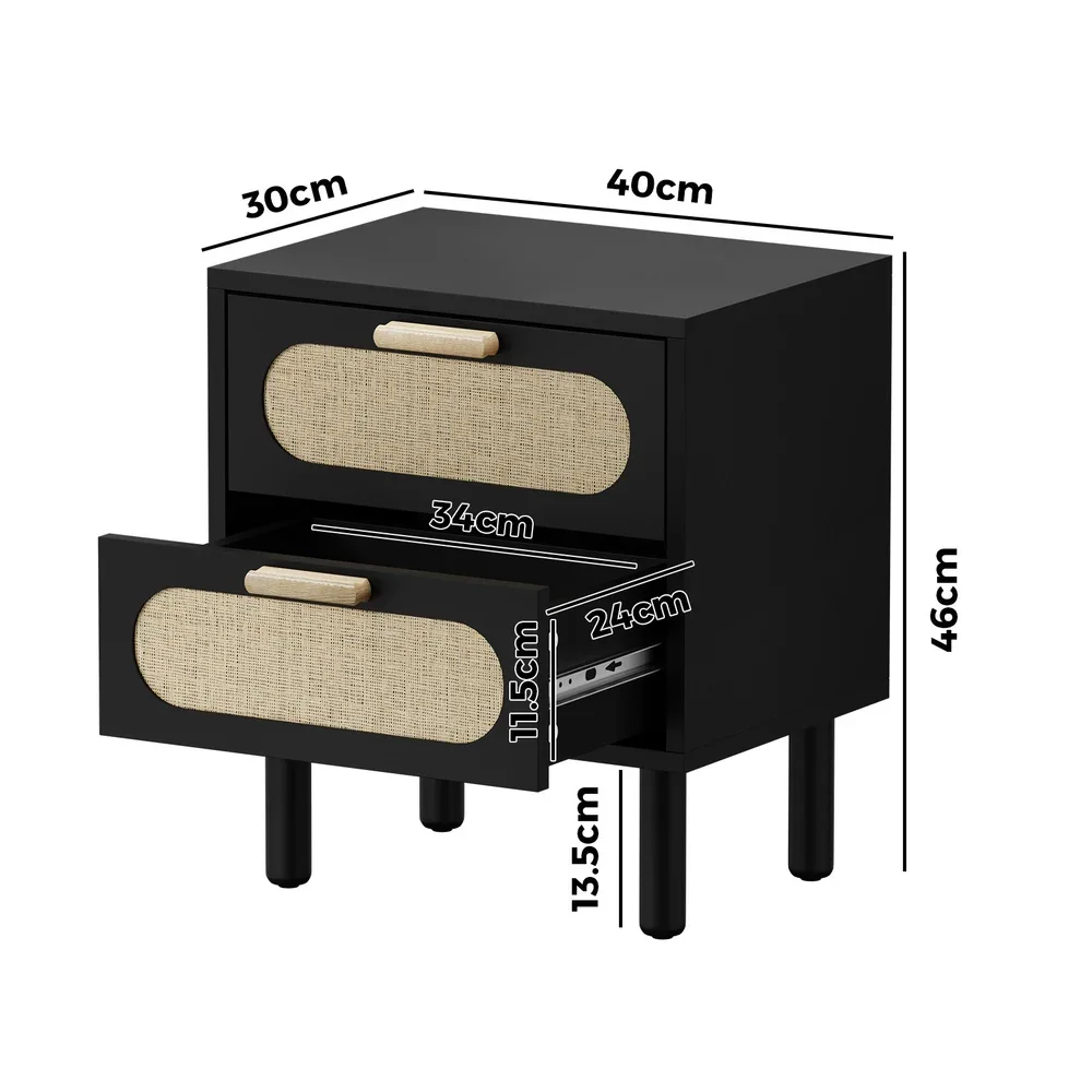 Bedside Table 2 Drawers Rattan Black - Image 4