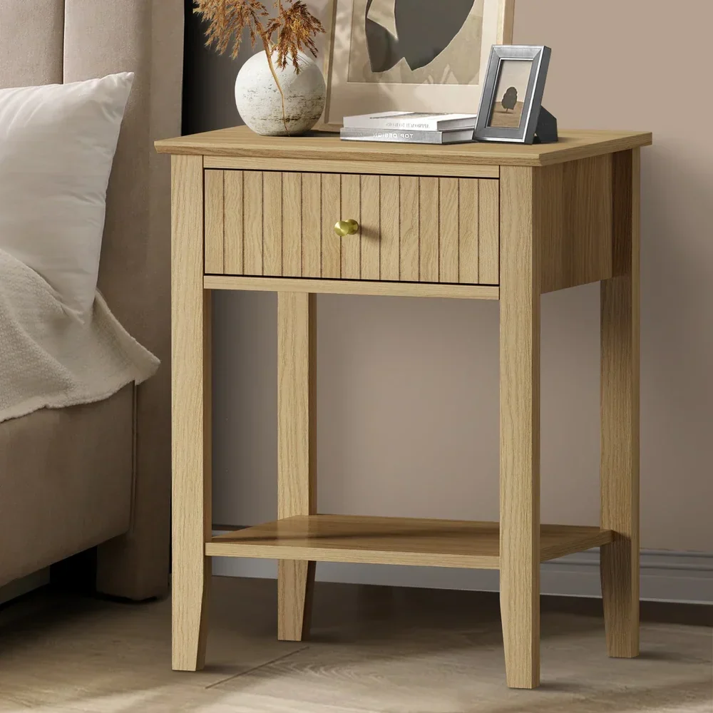 Bedside Table with 1 Drawer Open Shelf Nightstand Natural - Image 4