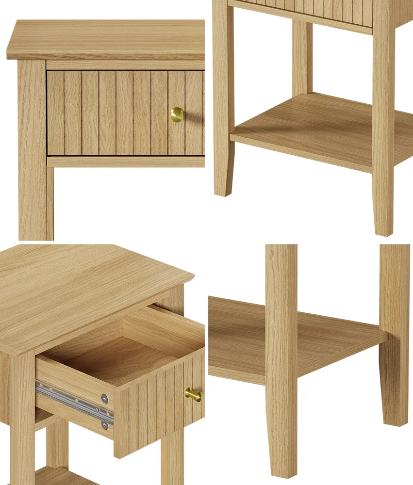 2x Bedside Table 1 Drawer Open Shelf Nightstand Natural - Image 9