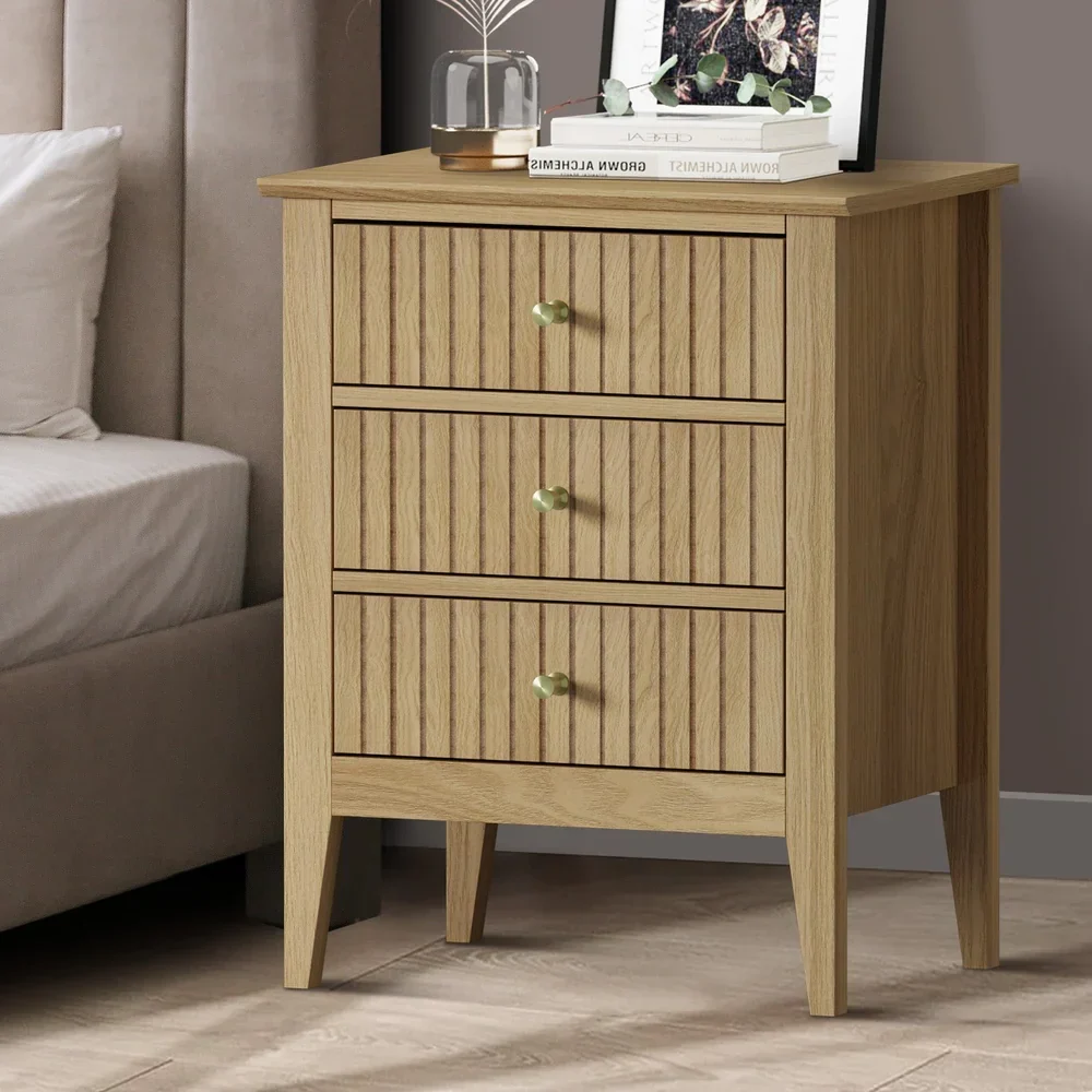 Bedside Table 3 Drawers Side End Nightstand Natural - Image 2
