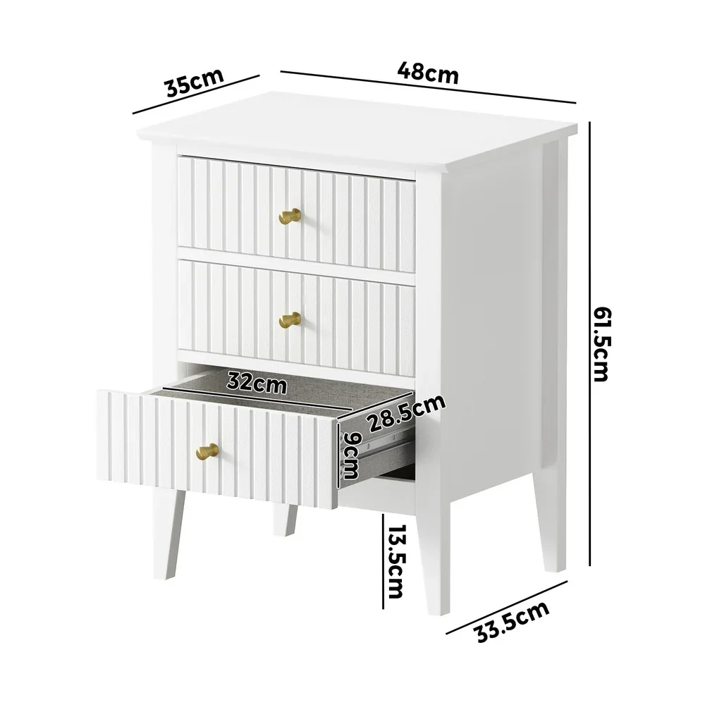 Bedside Table 3 Drawers Side End Nightstand White - Image 3
