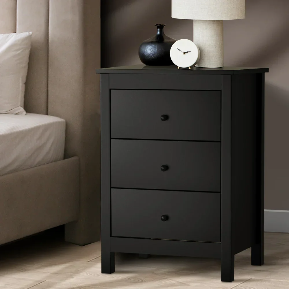 Bedside Table 3 Drawers Hamptons Furniture Black - Image 3