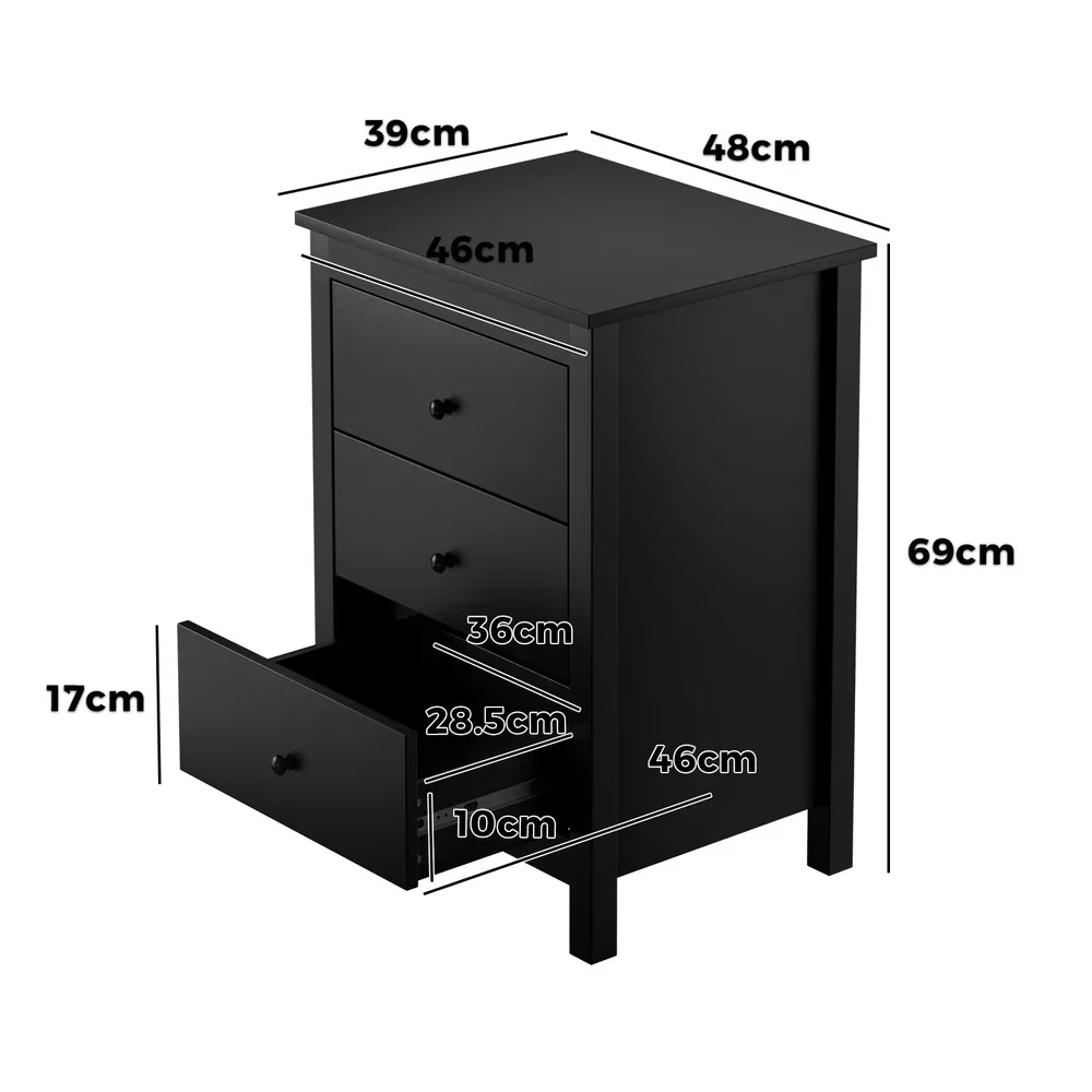 Bedside Table 3 Drawers Hamptons Furniture Black - Image 4