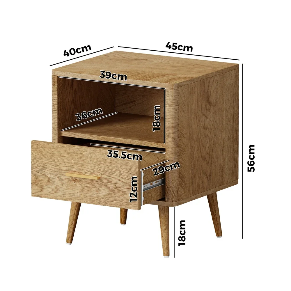 2x Bedside Table 1 Drawer Open Shelf Nightstand Natural - Image 4