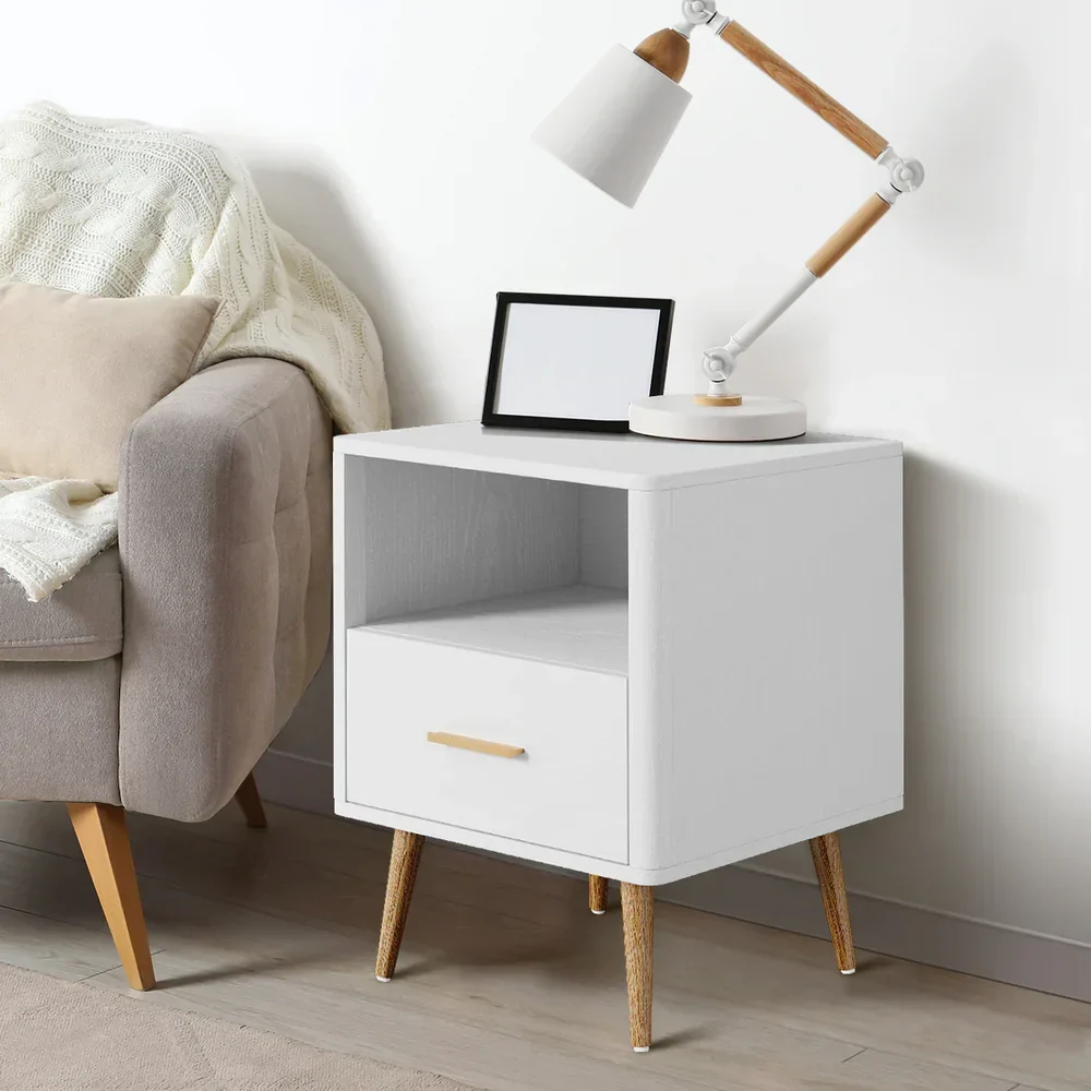 Bedside Table 1 Drawer Open Shelf Nightstand White - Image 2