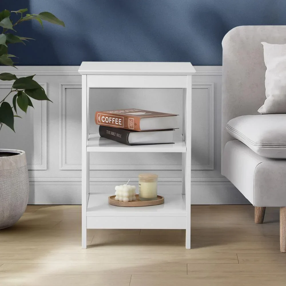 Side Table 3-tier Shelf X-Structured Sides White - Image 6