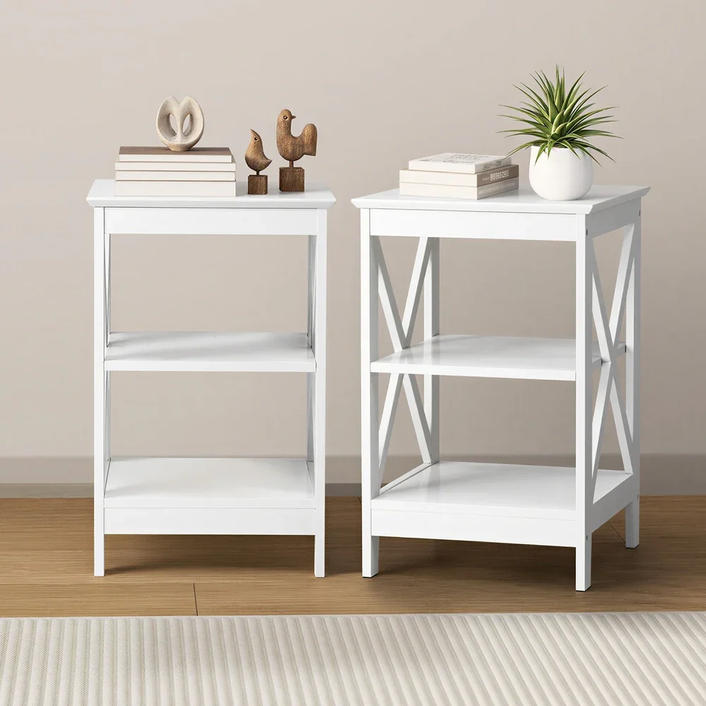 2x Side Table Coffee Bedside Sofa Storage 3-tier Shelf White - Image 2