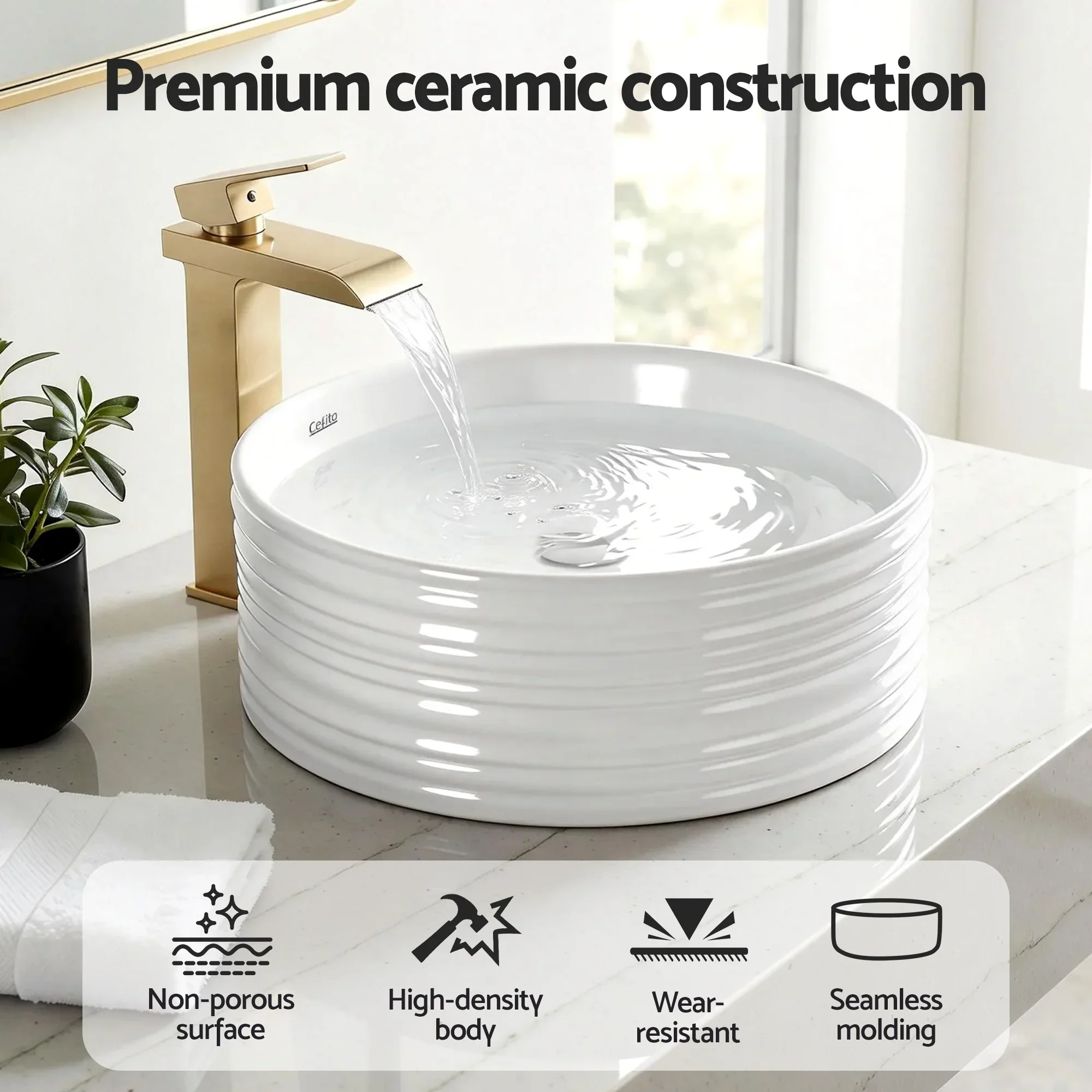 Bathroom Basin Vanity Sink Vessel Ceramic White Round Countertop 36cm - Image 4