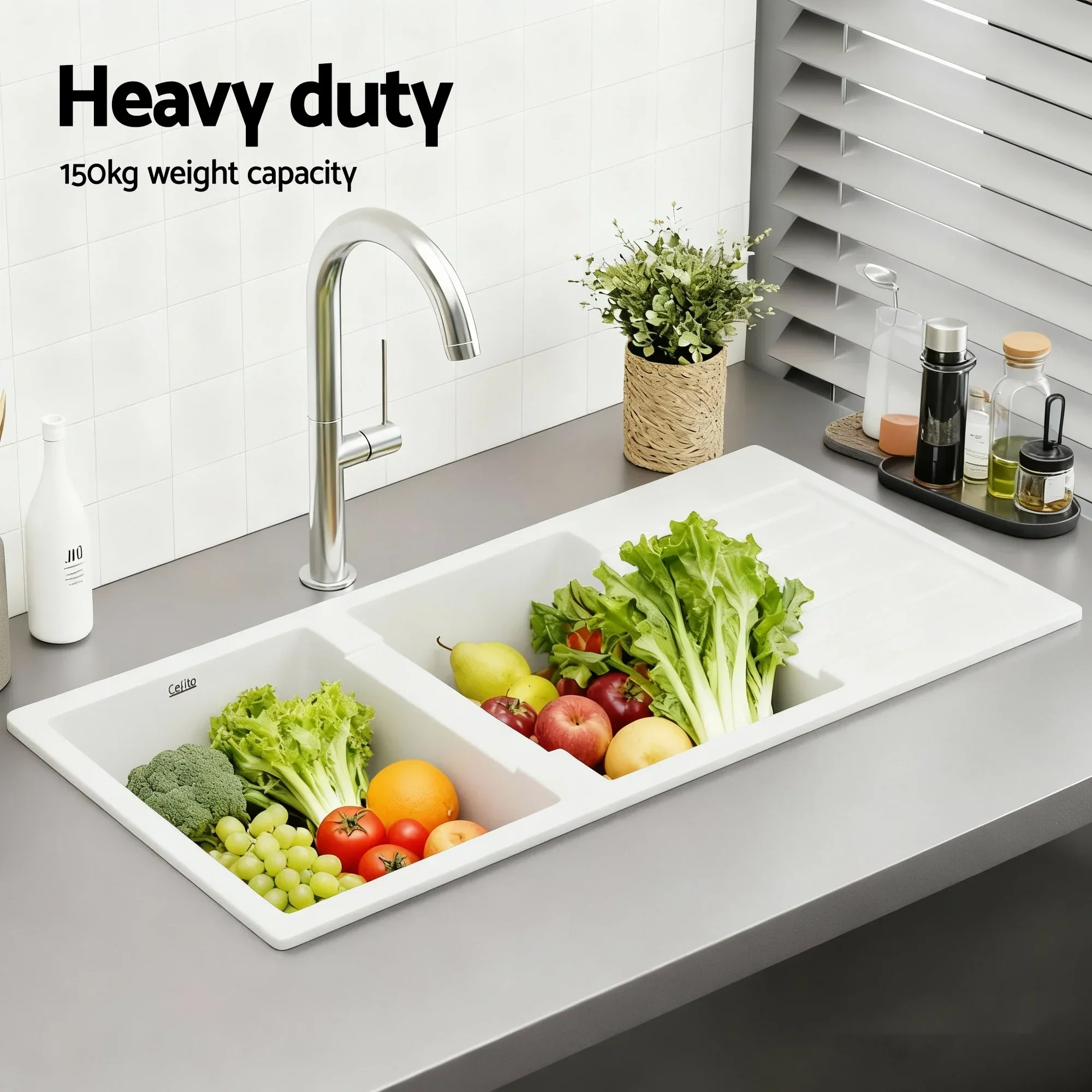 Kitchen Sink 116x50cm Granite Stone Sink Double Bowl White - Image 5