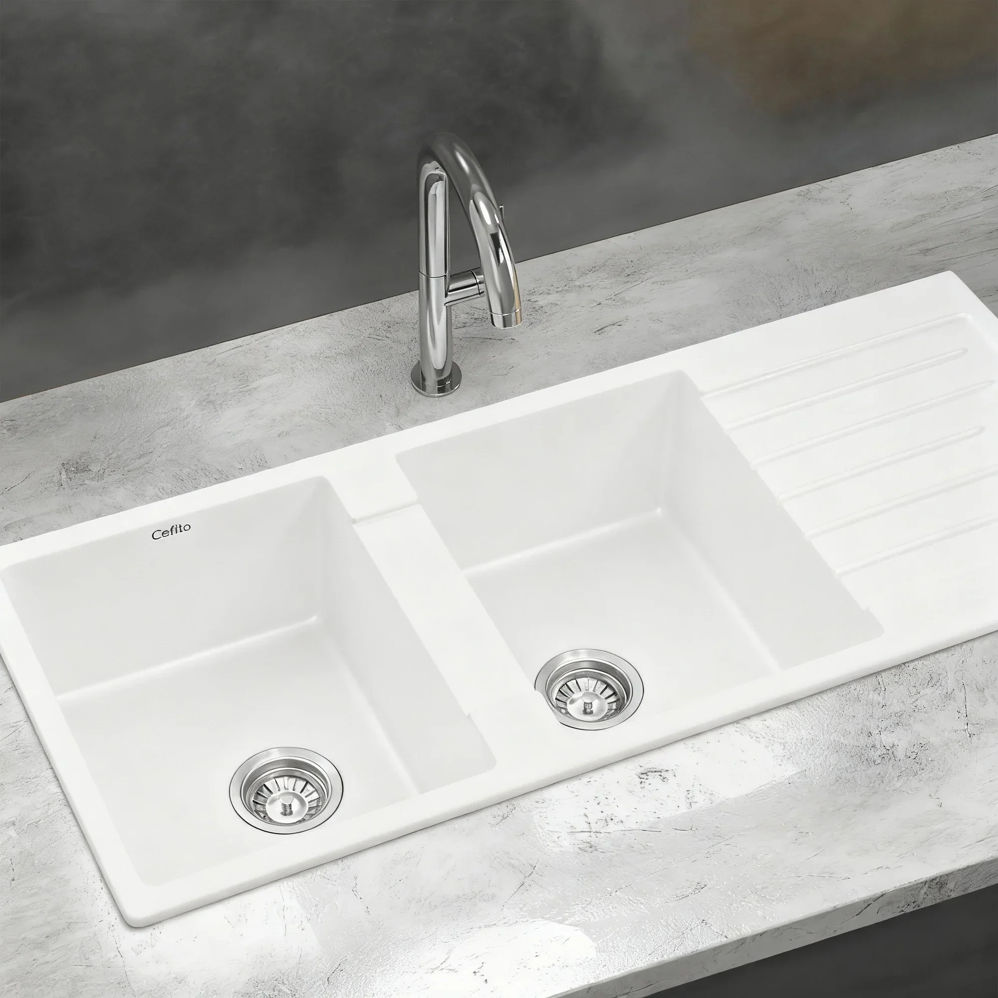 Kitchen Sink 116x50cm Granite Stone Sink Double Bowl White - Image 7