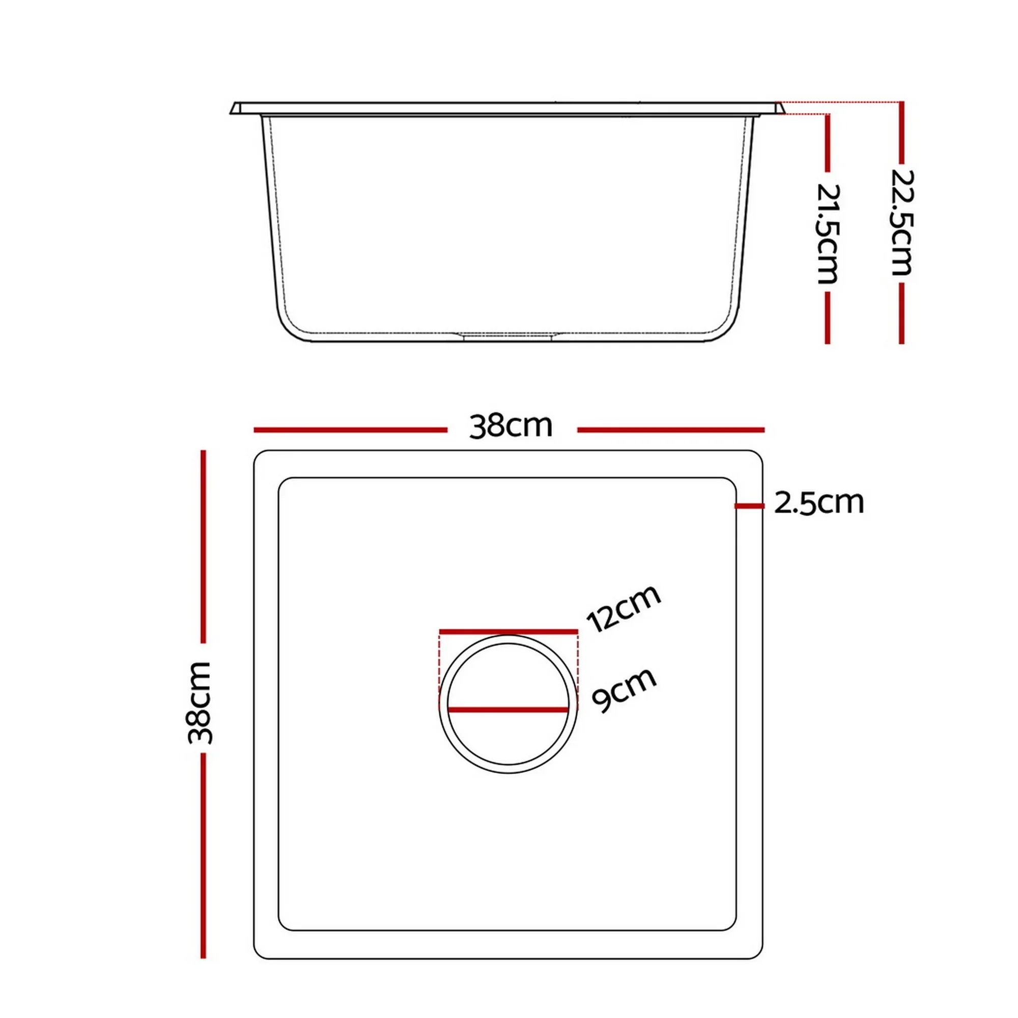 Kitchen Sink 38x38cm Granite Stone Sink Single Bowl Black - Image 2