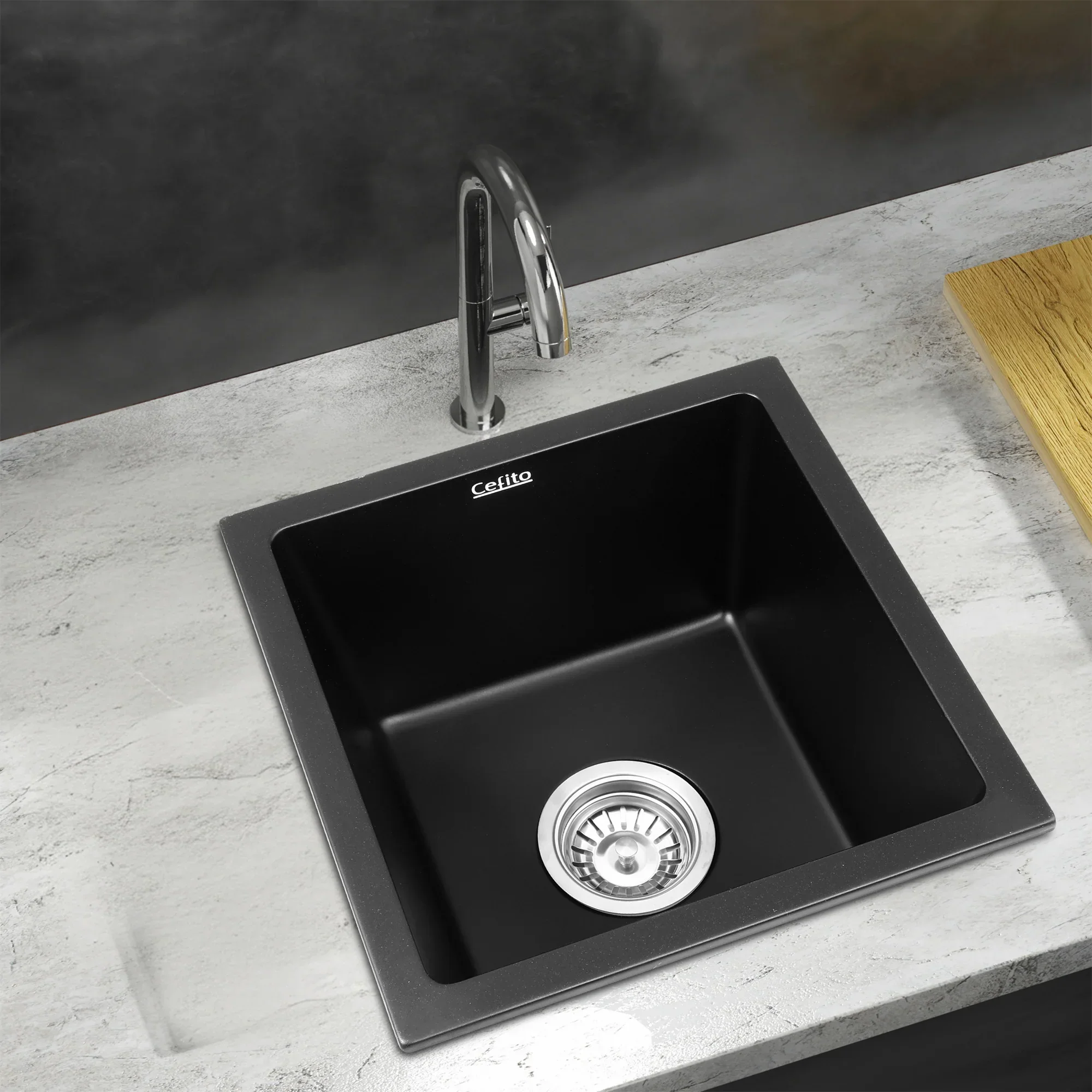 Kitchen Sink 38x38cm Granite Stone Sink Single Bowl Black - Image 7