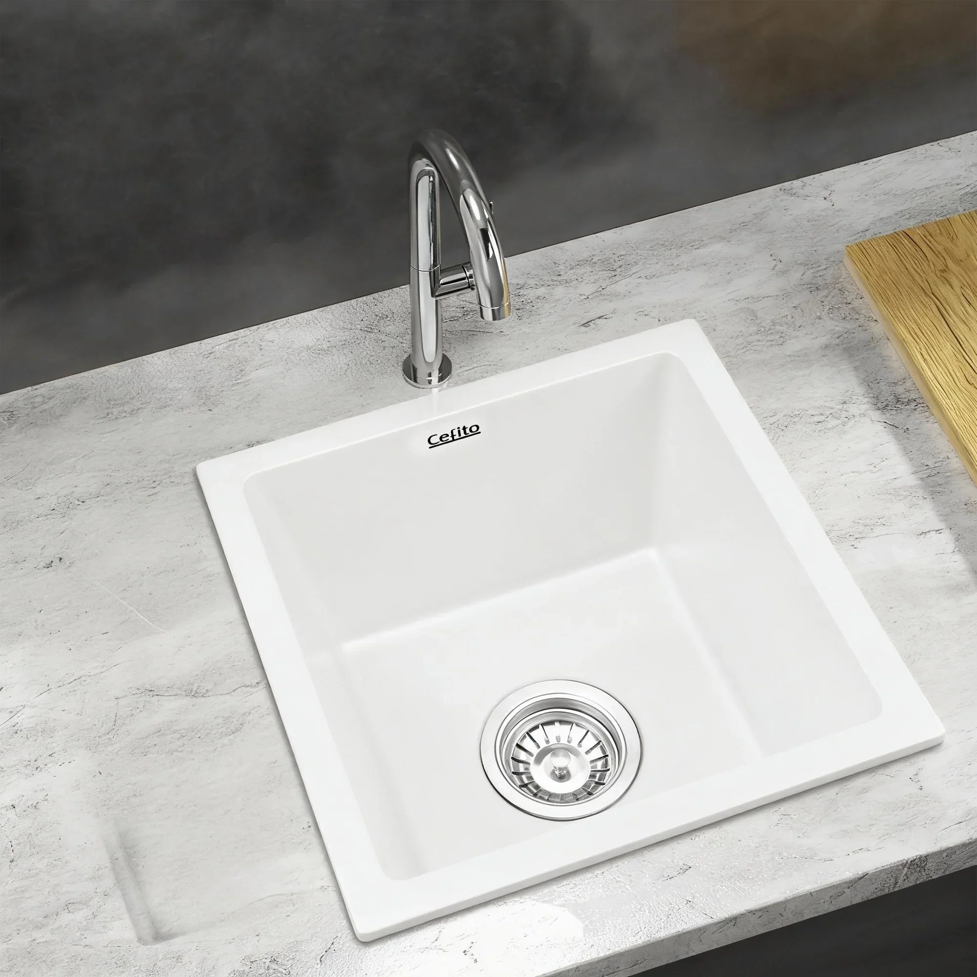 Kitchen Sink 38x38cm Granite Stone Sink Single Bowl White - Image 7