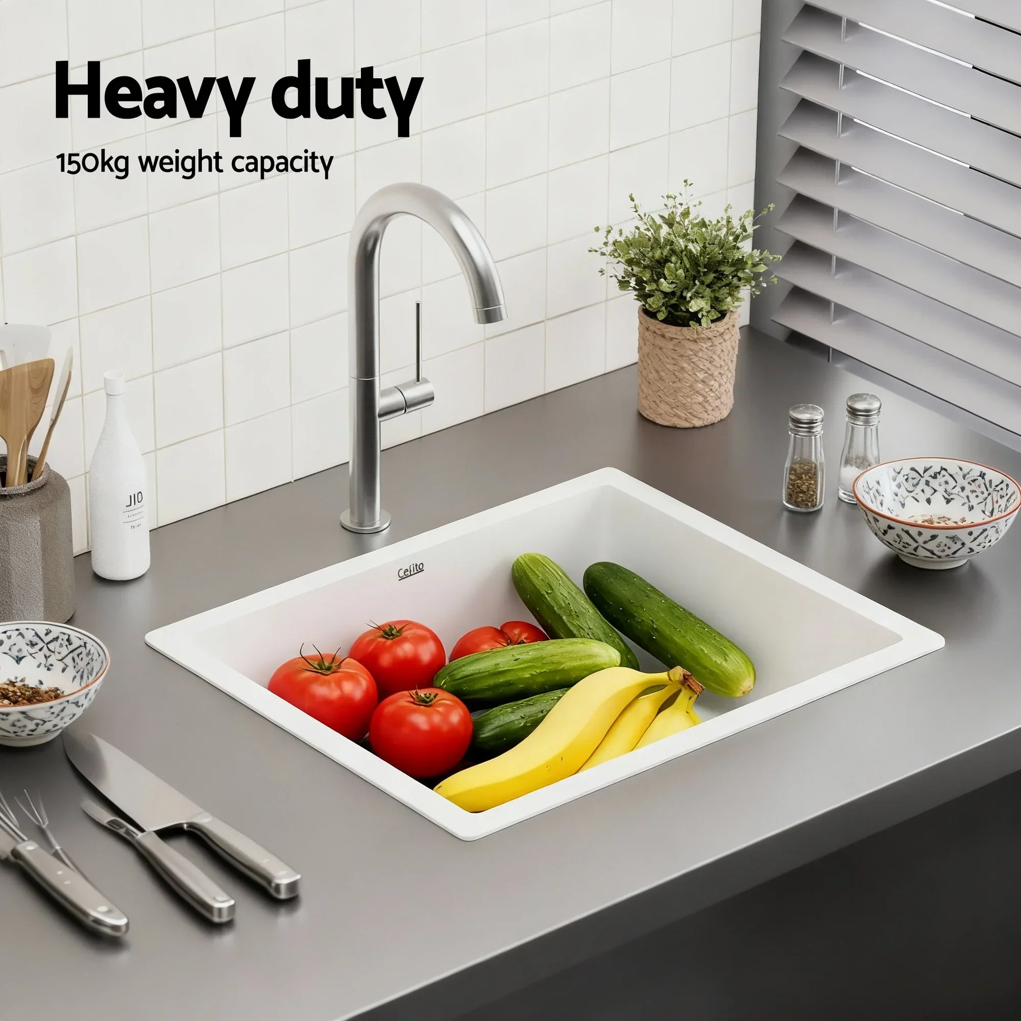 Kitchen Sink 55x45cm Granite Stone Sink Single Bowl White - Image 6