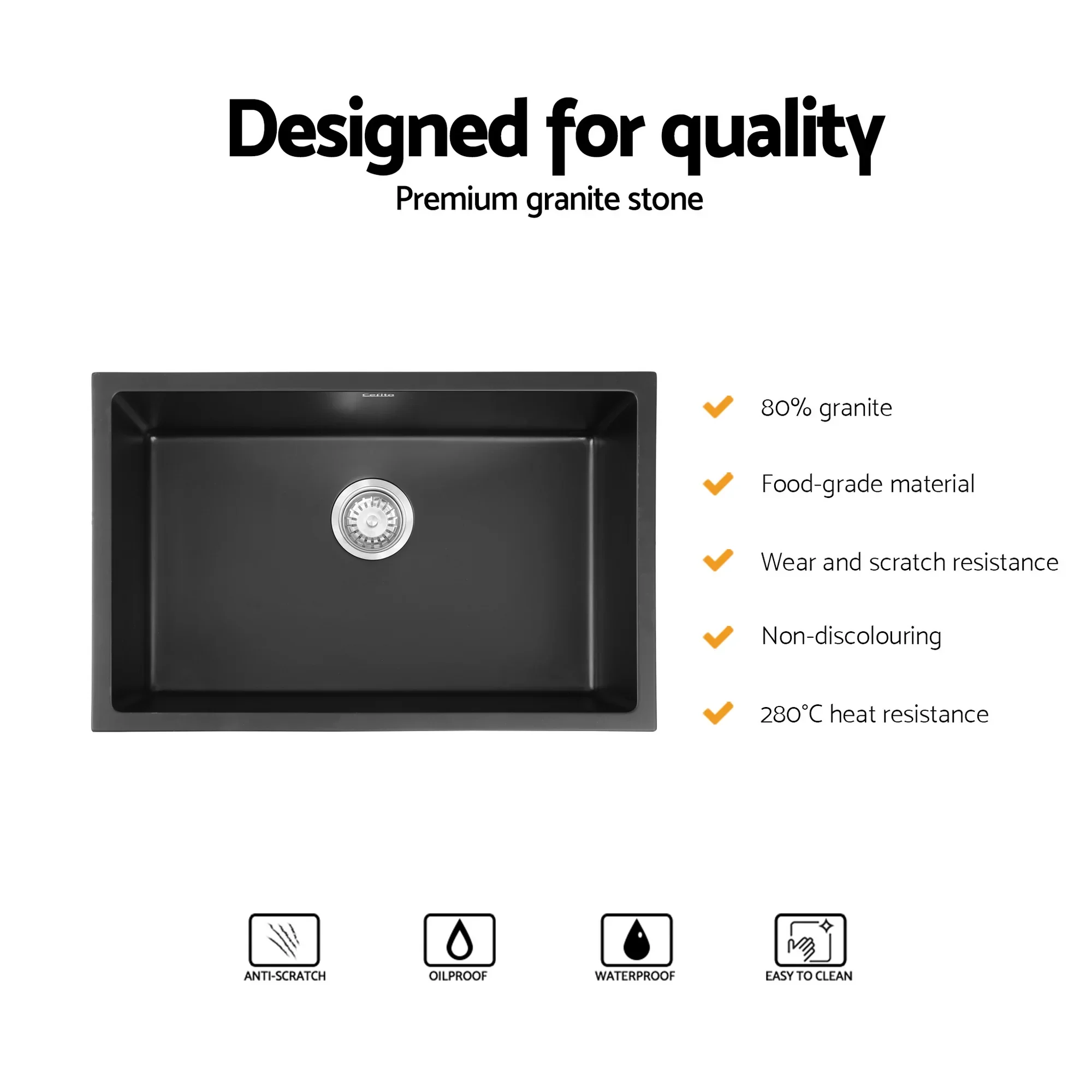 Kitchen Sink 70x45cm Granite Stone Sink Single Bowl Black - Image 4