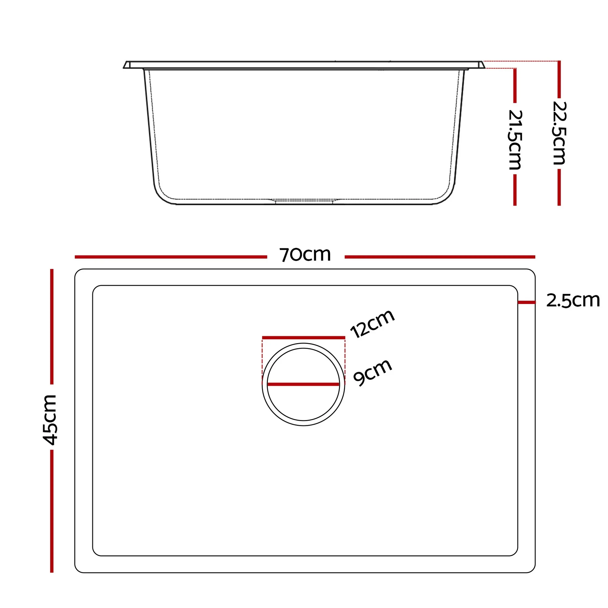 Kitchen Sink 70x45cm Granite Stone Sink Single Bowl White - Image 2
