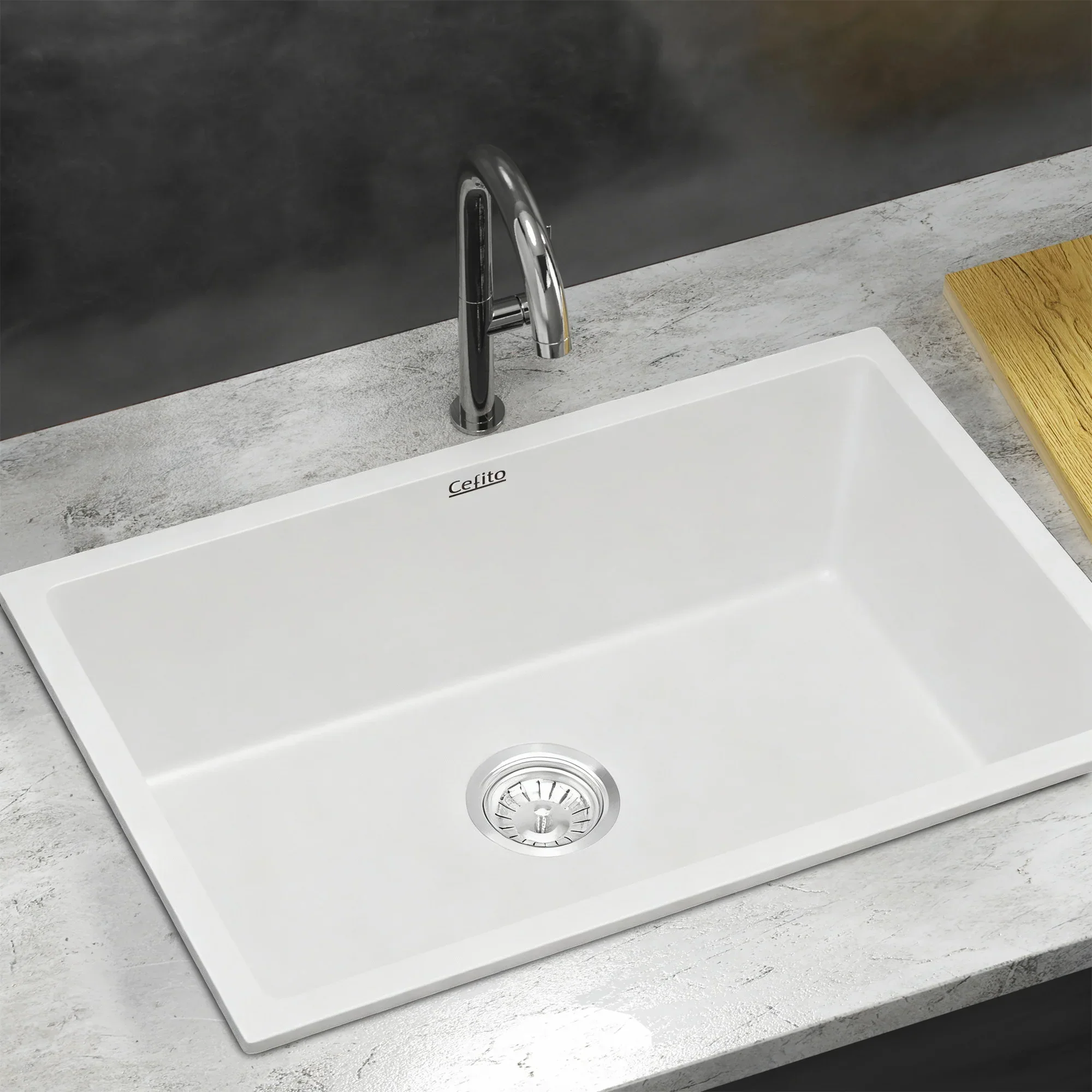 Kitchen Sink 70x45cm Granite Stone Sink Single Bowl White - Image 7