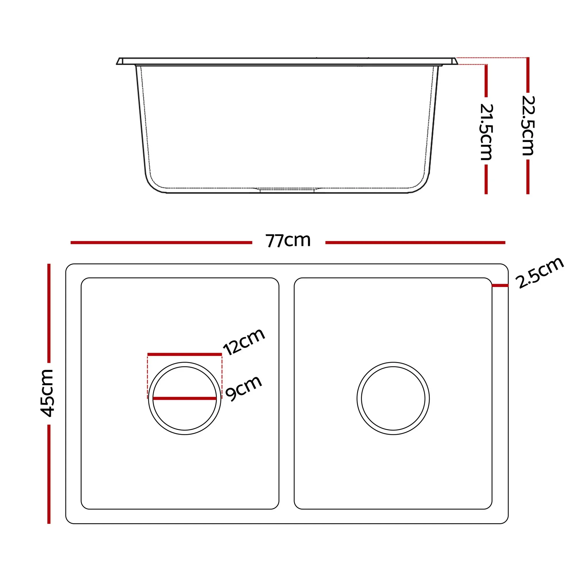 Kitchen Sink 77x45cm Granite Stone Sink Double Bowl Black - Image 2