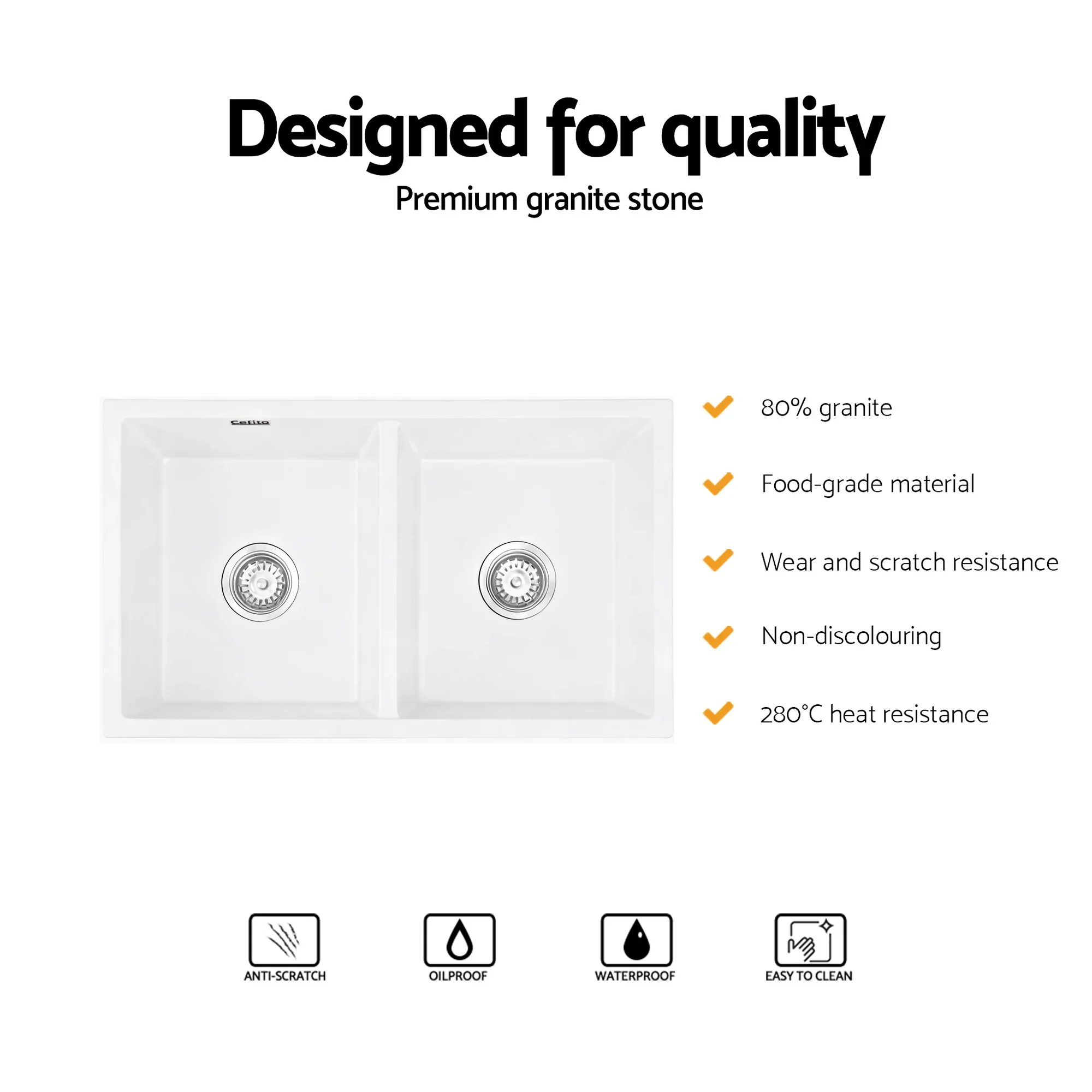 Kitchen Sink 77x45cm Granite Stone Sink Double Bowl White - Image 4