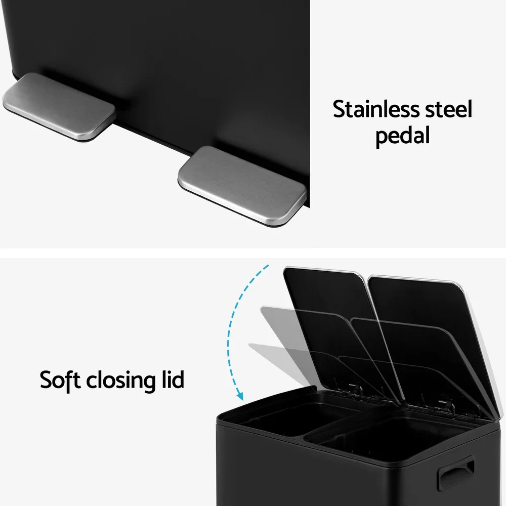 Pedal Bins Rubbish Bin Dual Compartment Waste Recycle Dustbins 60L Black - Image 6
