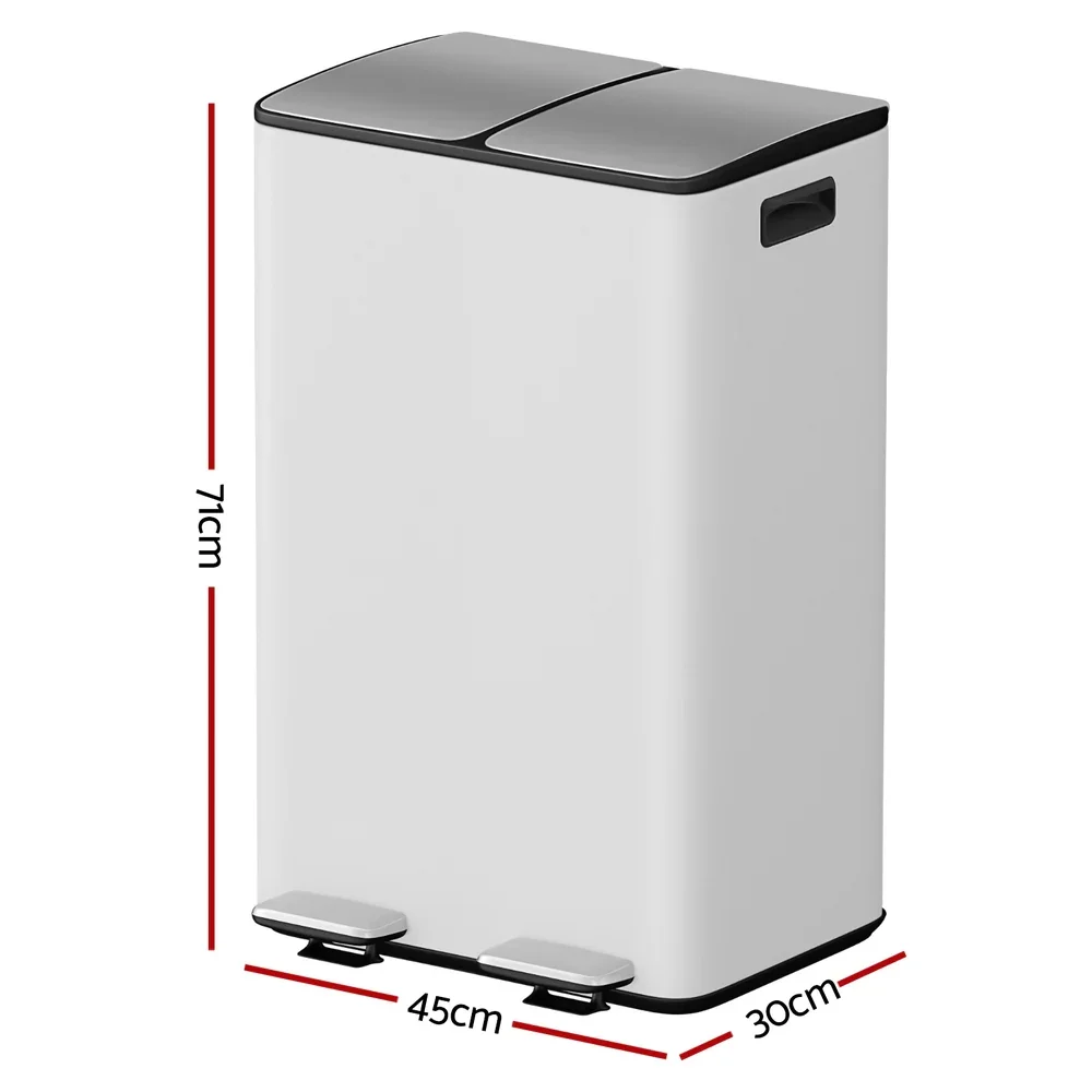 Pedal Bins Rubbish Bin Dual Compartment Waste Recycle Dustbins 60L White - Image 2