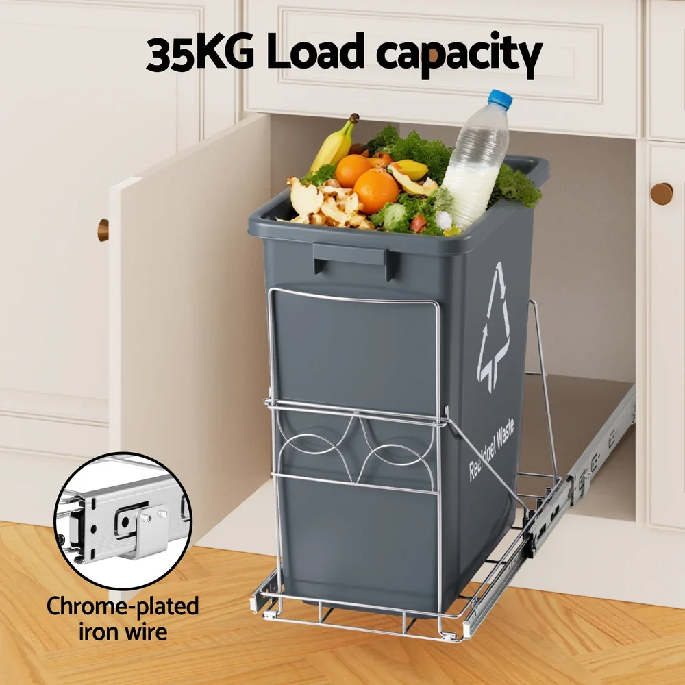 Pull Out Bin Kitchen Cabinet Slide Garbage Rubbish Bins Basket 40L Grey - Image 4
