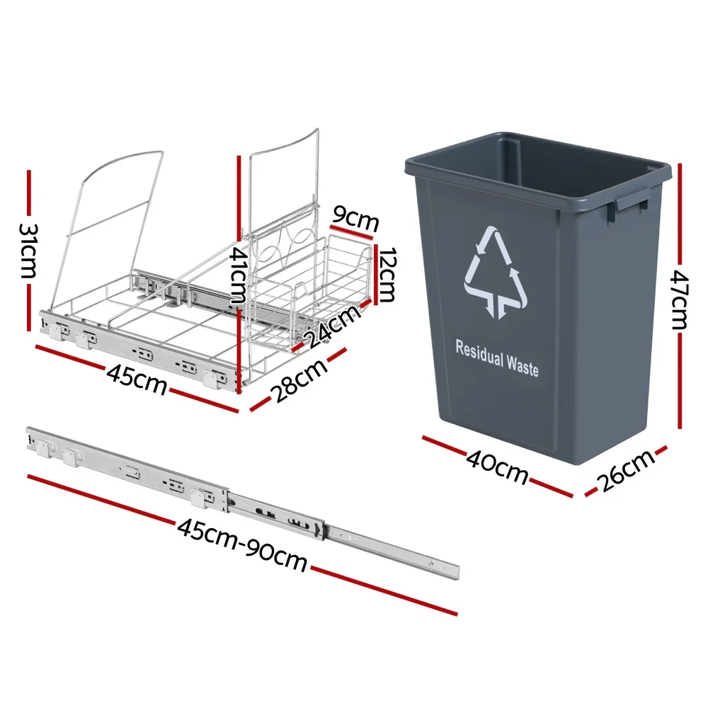 Pull Out Bin Kitchen Cabinet Slide Garbage Rubbish Bins Basket 40L Grey - Image 5