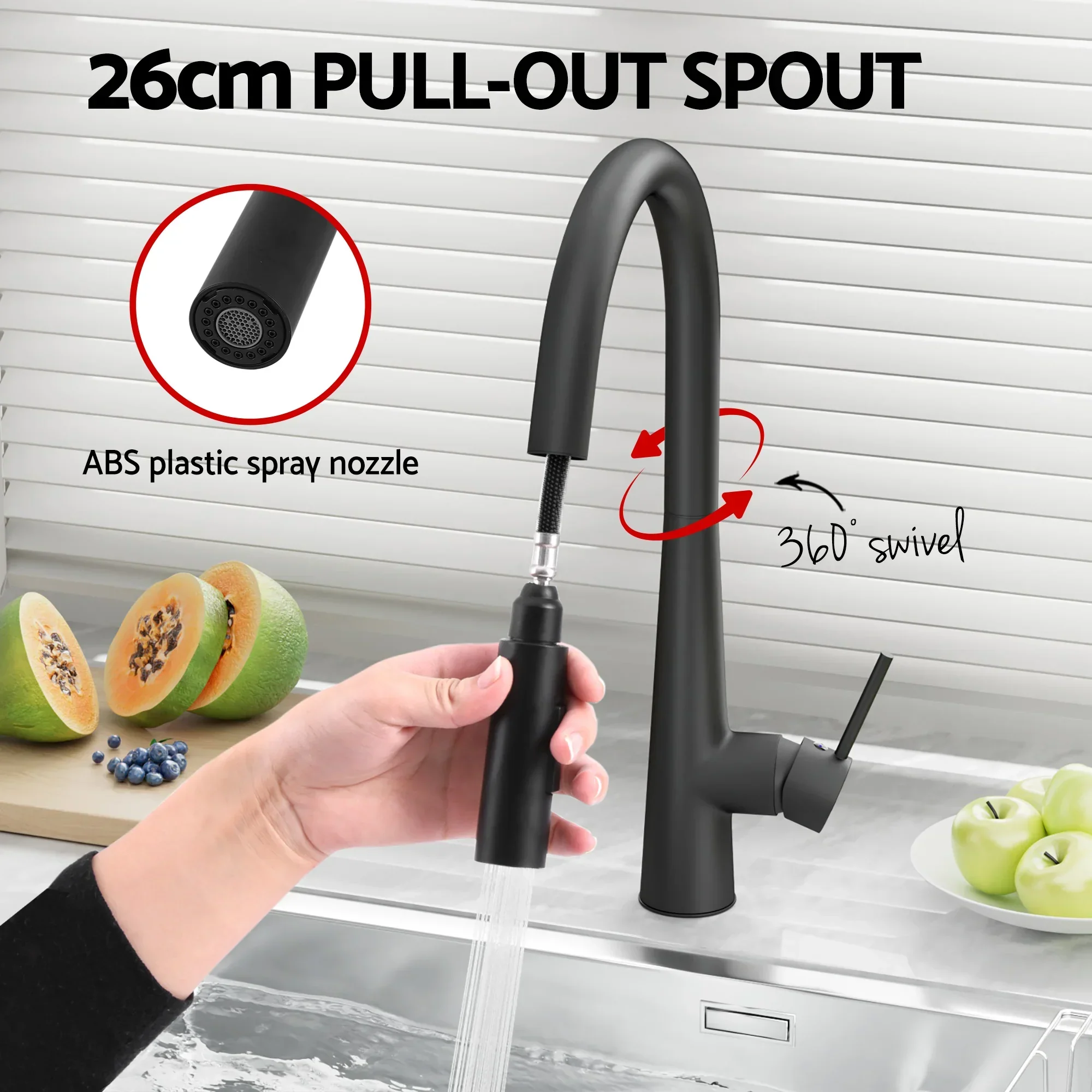 Stainless Steel Sink 70x45CM With Pull Out Mixer Tap Kitchen Basin Single Bowl Black - Image 6
