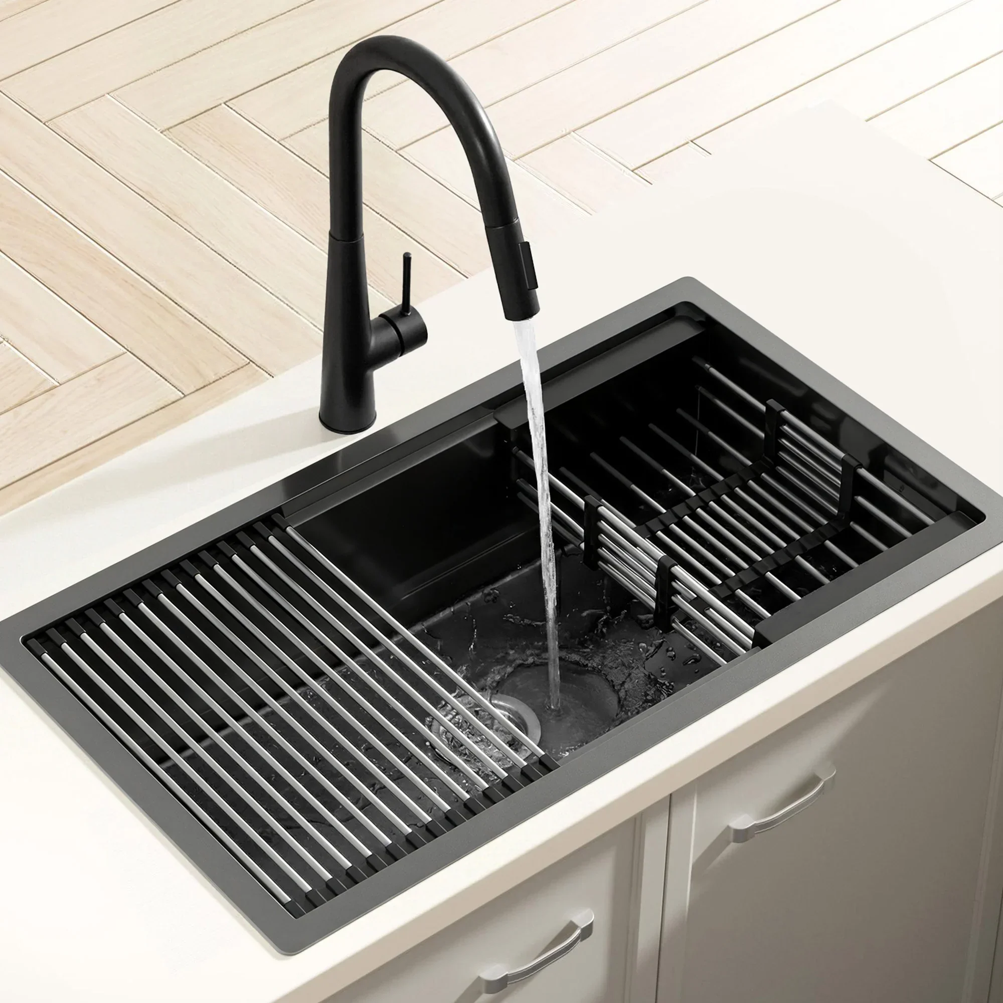 Stainless Steel Sink 70x45CM With Pull Out Mixer Tap Kitchen Basin Single Bowl Black - Image 7