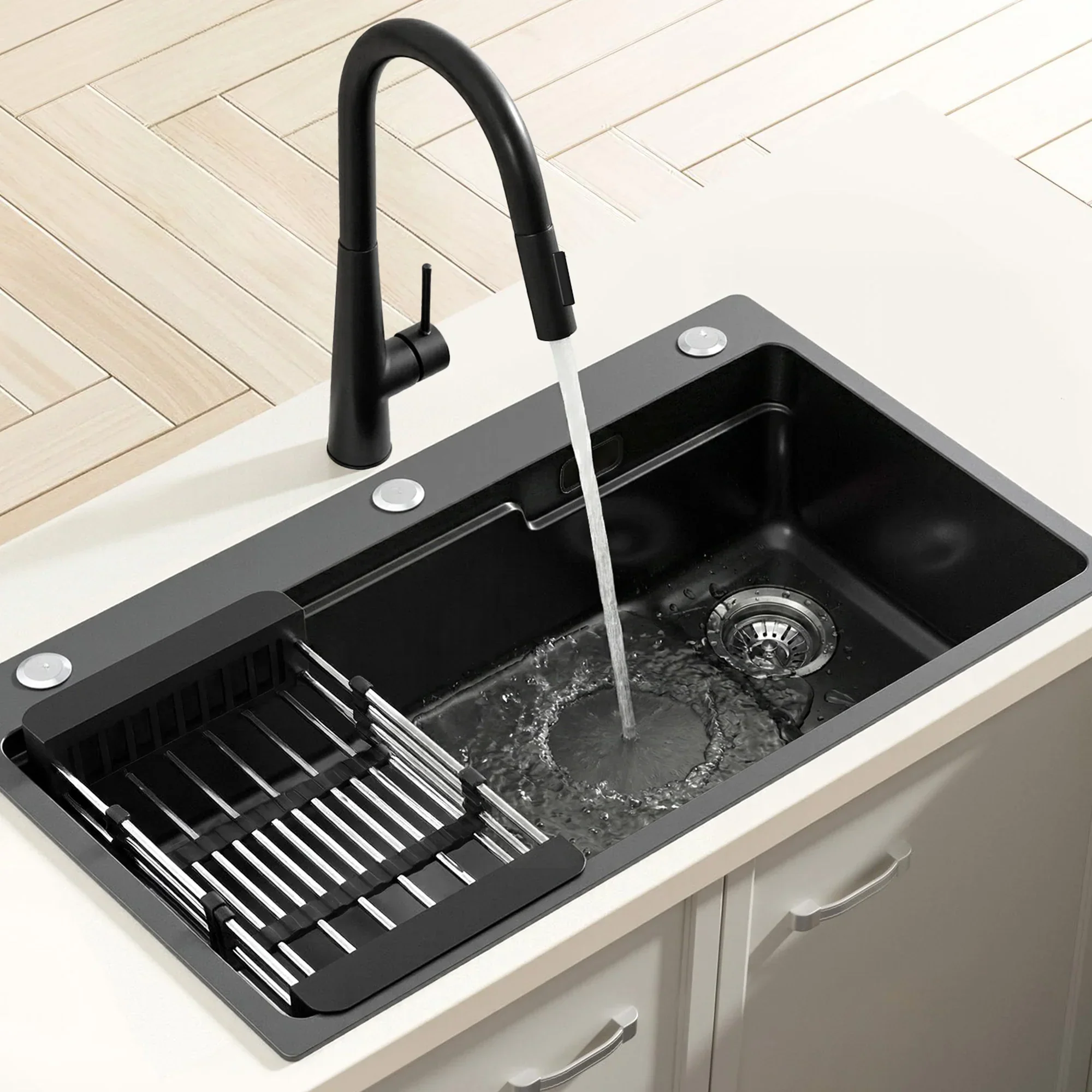 Stainless Steel Sink 75x45CM With Pull Out Mixer Tap Kitchen Basin Single Bowl Black - Image 7