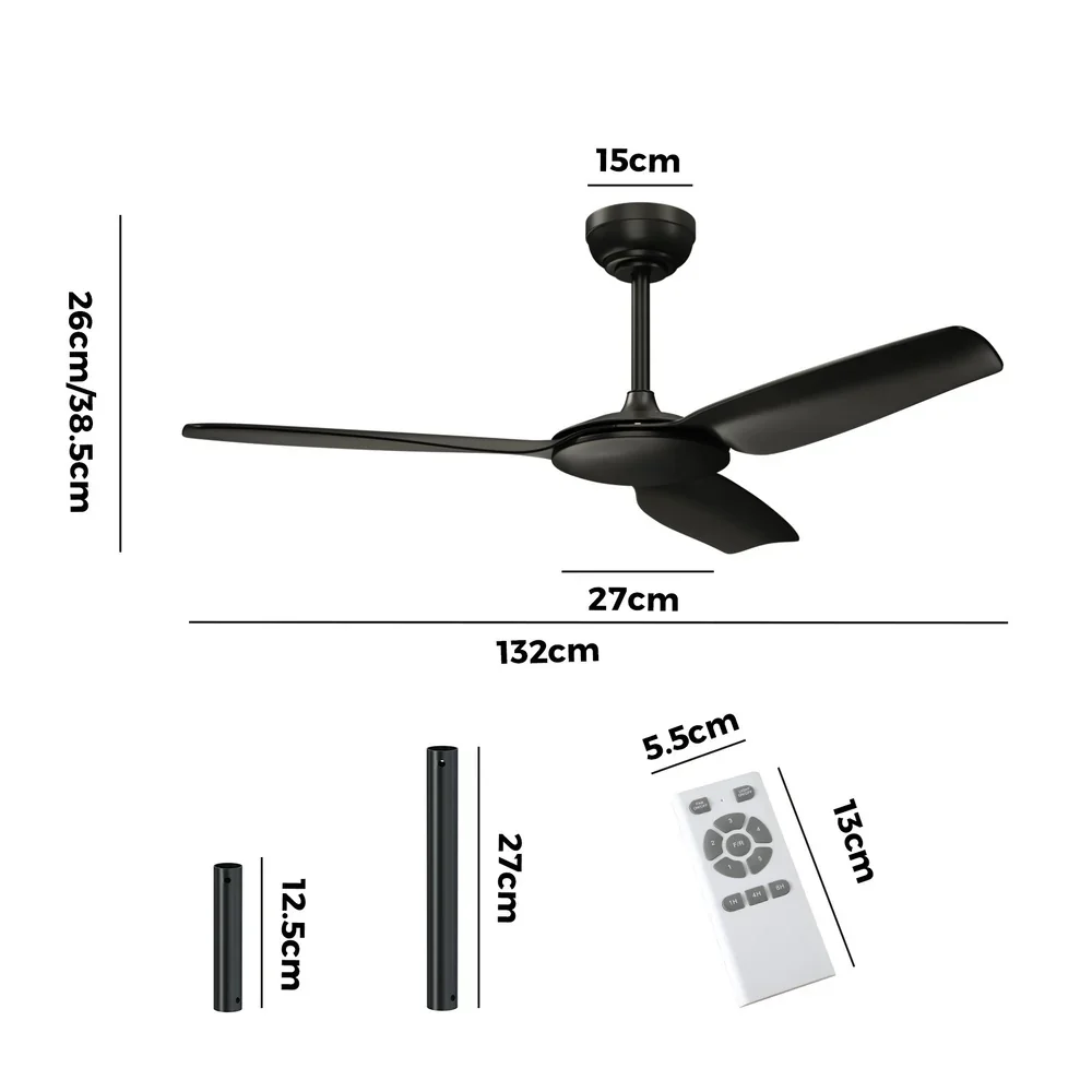 52'' Ceiling Fan DC 3 ABS Blades Remote Control Timer Black - Image 4