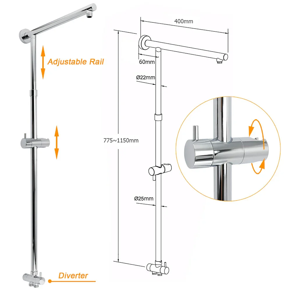 Chrome 10" Round Rain Handheld Twin Shower Head Arm Sliding Rail Arm Double Taps - Image 3