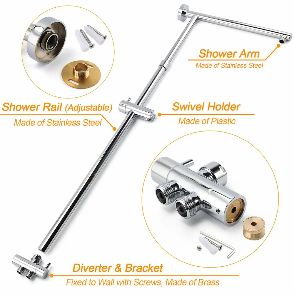 Chrome 10" Round Rain Handheld Twin Shower Head Arm Sliding Rail Arm Double Taps - Image 4