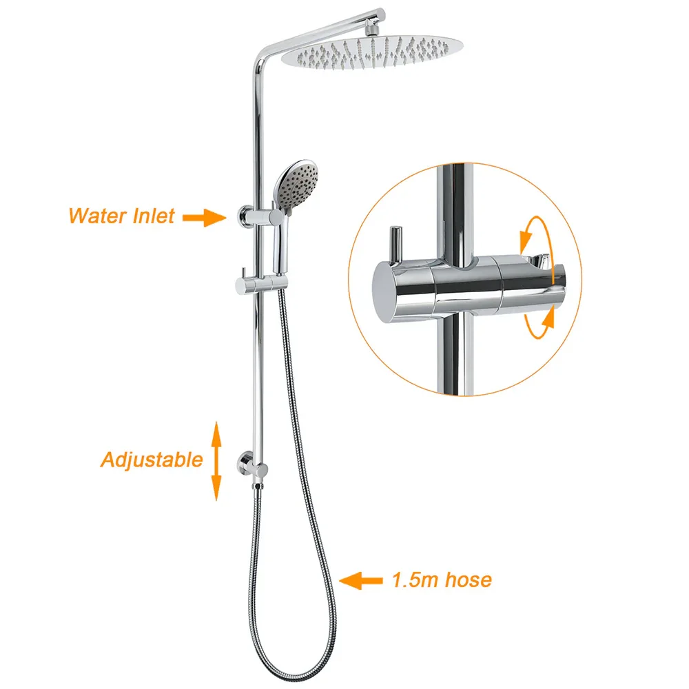 Chrome Dual Shower 12" Slim Rain Head 5 Modes Handheld Sliding Rail Inbuilt Diverter - Image 2