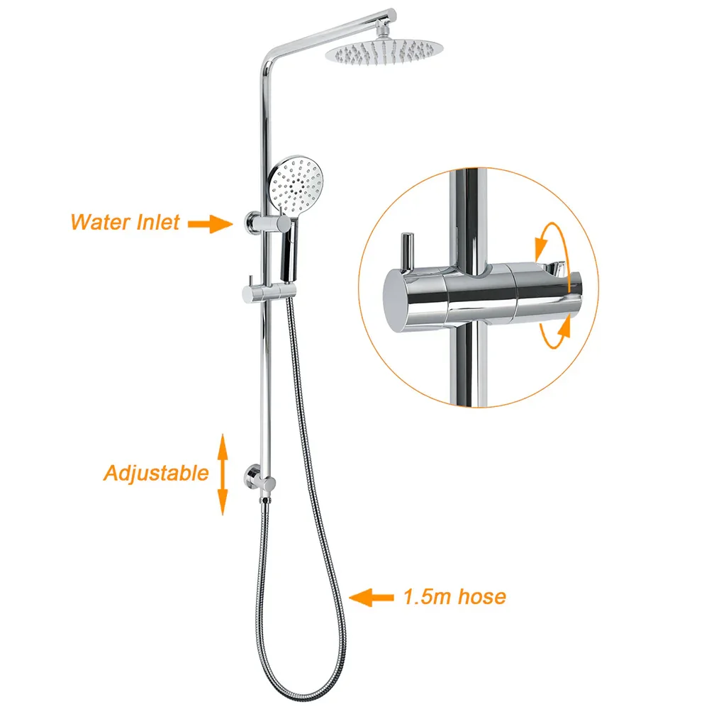 Chrome Round 8" Rainfall Shower Head 3 Modes Handheld Rose Silde Rail Twin Taps Set - Image 2