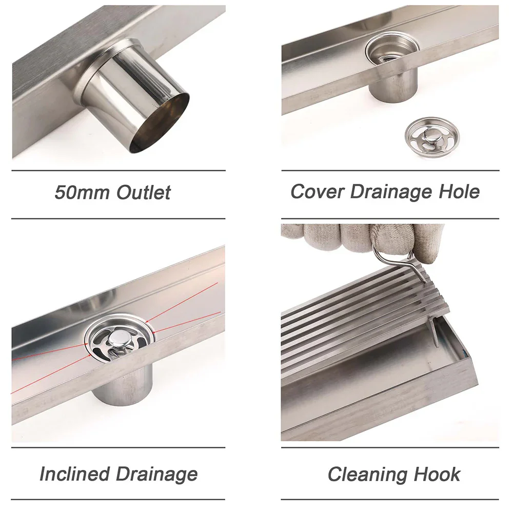 Chrome Stainless Steel Shower Grate 600mm Sword Fence Floor Drain 50mm Outlet - Image 4