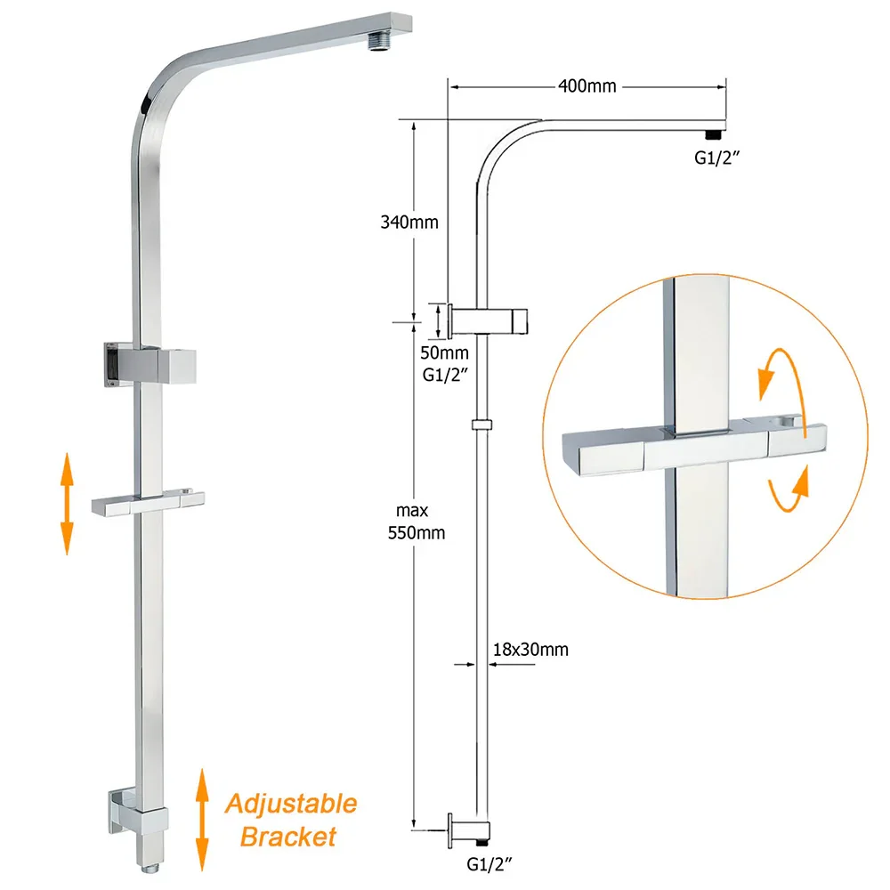 Chrome Twin Square Shower Set 8" Rain Shower Head 3 Function Handheld Rail Arm Taps - Image 3