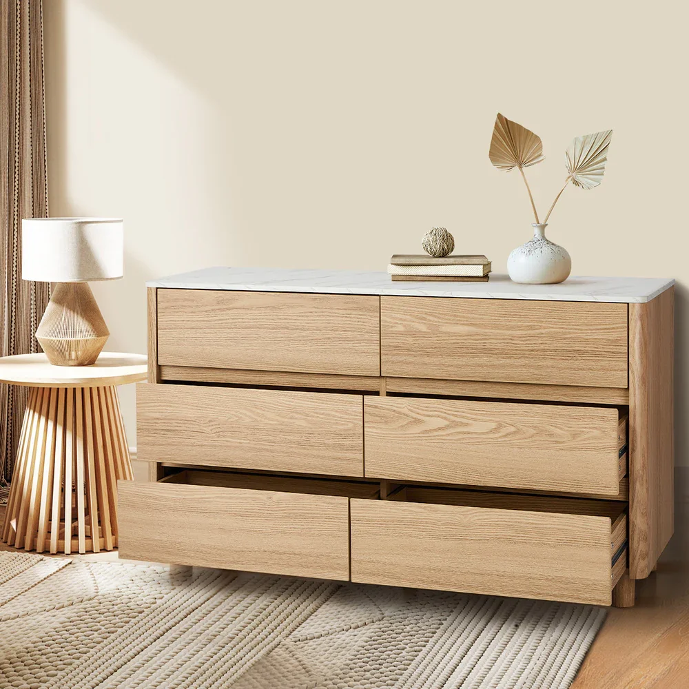 6 Chest of Drawers Dresser Faux Marble Top Natural - Image 8