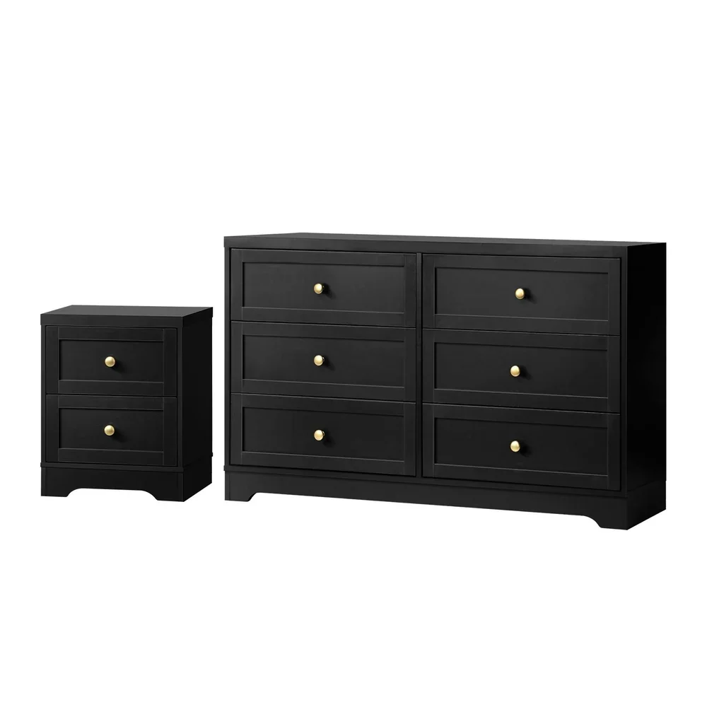 6 Chest of Drawers and Bedside Table Hamptons Furniture Set Black - Image 2