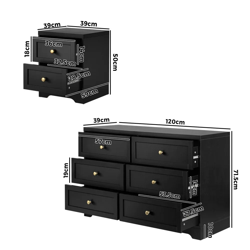6 Chest of Drawers and Bedside Table Hamptons Furniture Set Black - Image 5