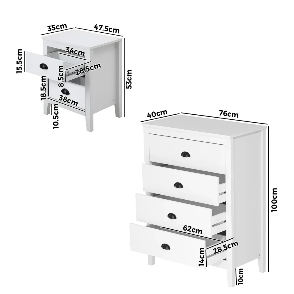 4 Chest of Drawers and 2 Bedside Tables Vintage Bedroom Set White - Image 4