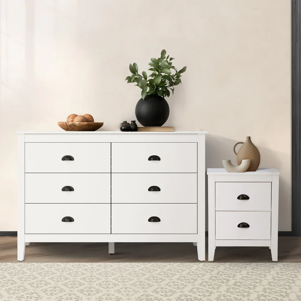 6 Chest of Drawers and Bedside Table Vintage Bedroom Set White
