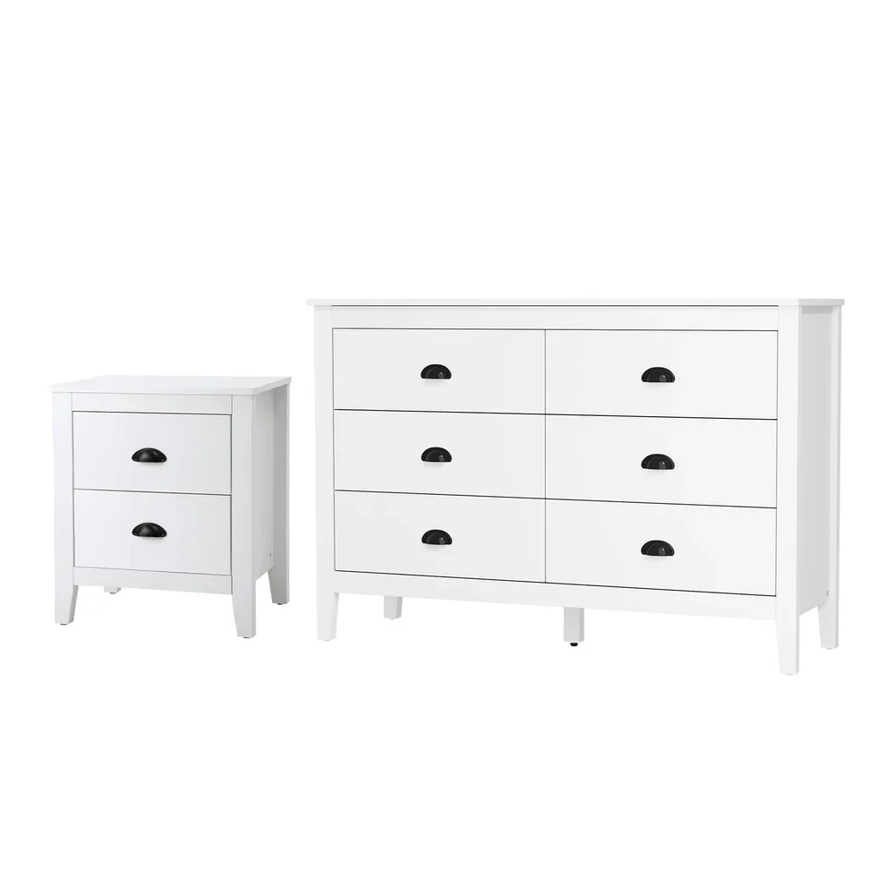 6 Chest of Drawers and Bedside Table Vintage Bedroom Set White - Image 2