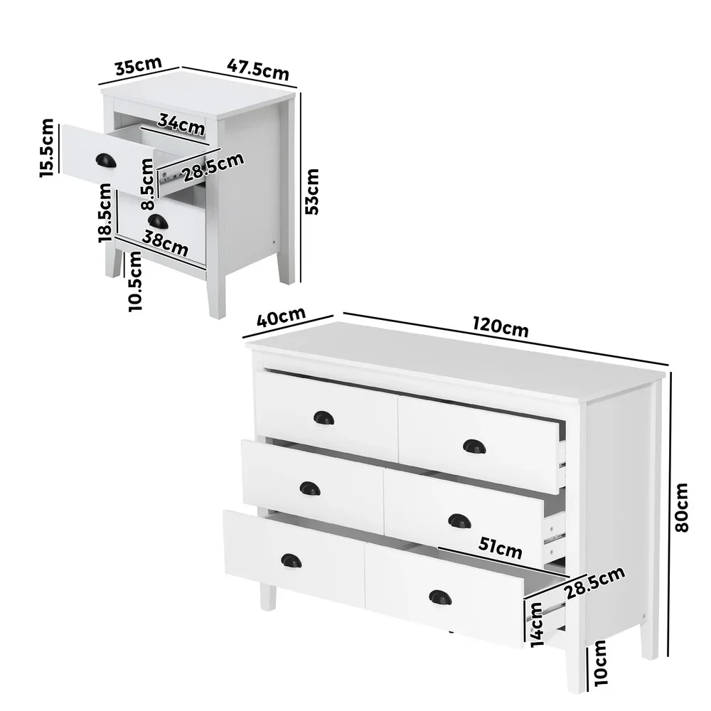 6 Chest of Drawers and Bedside Table Vintage Bedroom Set White - Image 4