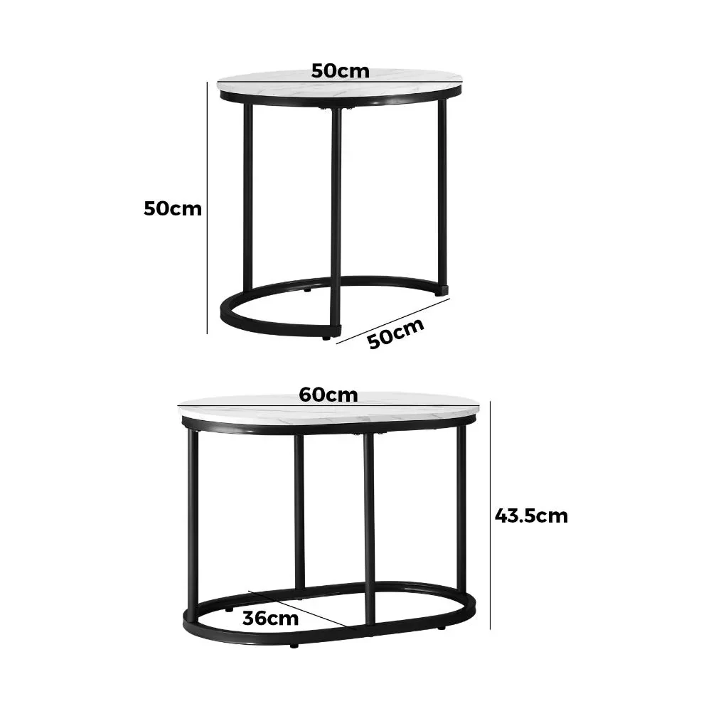 Set of 2 Coffee Table Round Oval Marble Nesting Black - Image 6