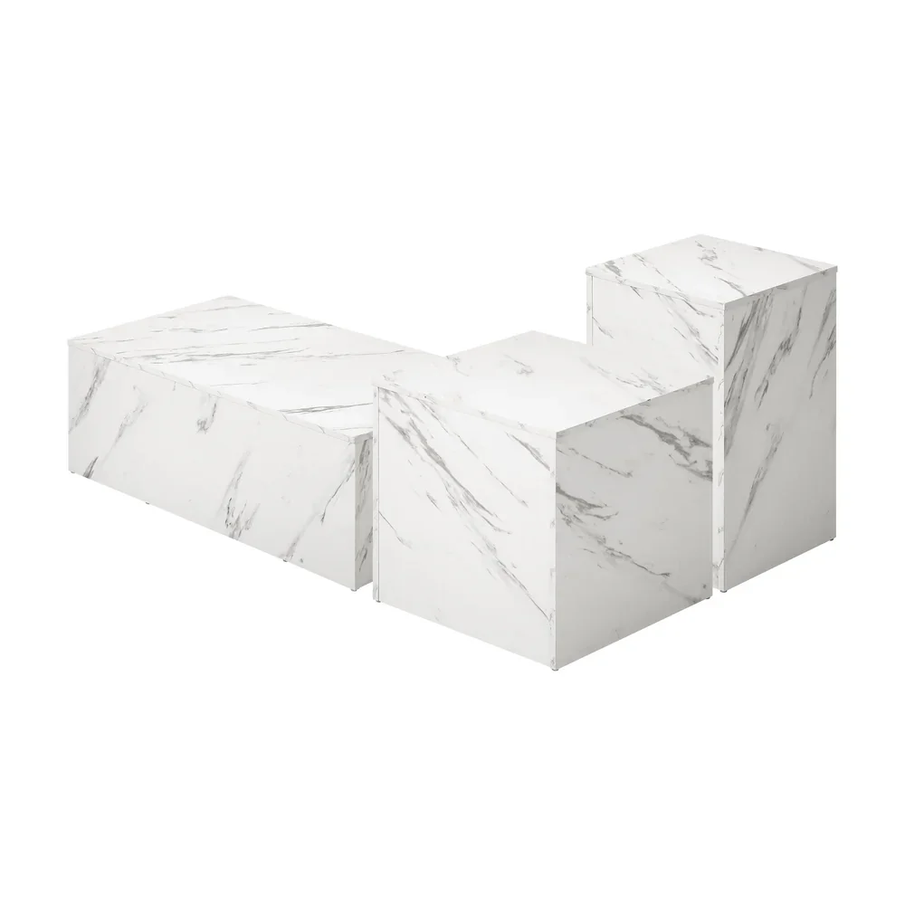 Coffee Table Set of 3 Side Tables Marble Effect White - Image 3