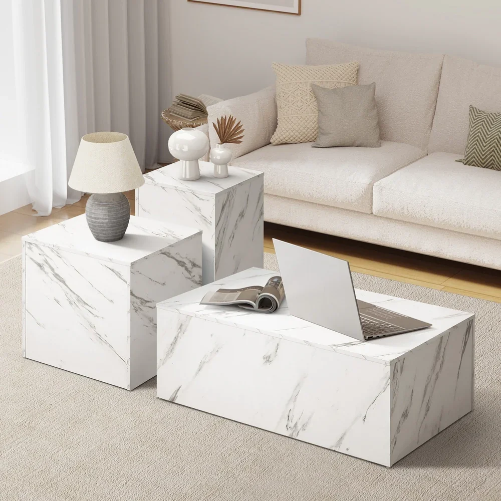Coffee Table Set of 3 Side Tables Marble Effect White - Image 7