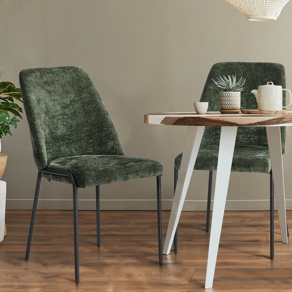 Set of 2 Dining Chairs Chenille Fabric Padded Seat Green - Image 7