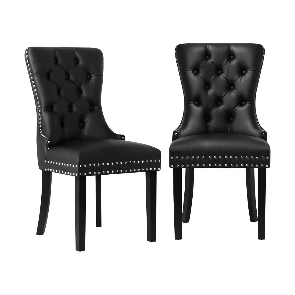 2x Dining Chairs French Provincial Tufted PU Leather Black - Image 2